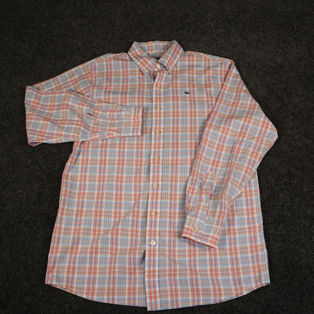 Vineyard Vines Boys Large 16-18 Whale Shirt Plaid Cotton Button Down Multi Color